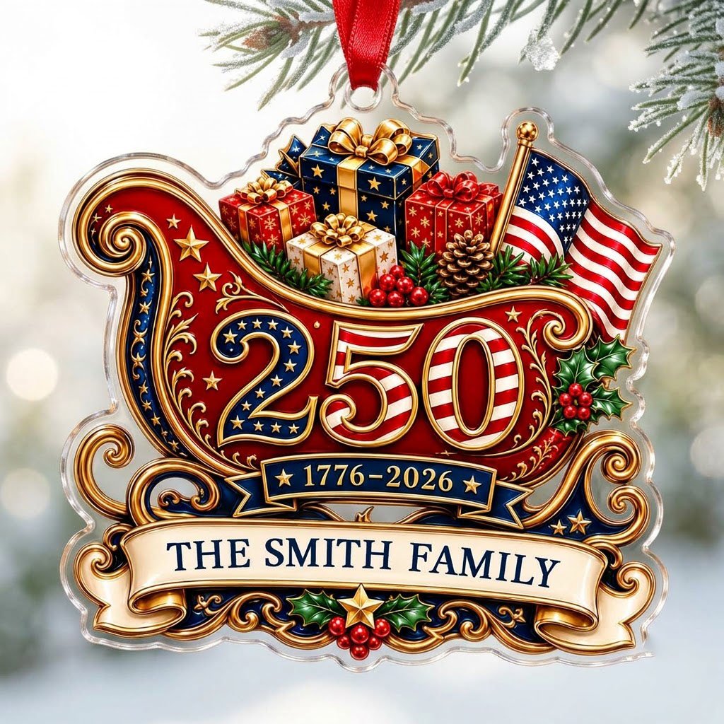 Acrylic ornament shaped like a Santa sleigh with '250', '1776-2026', US flag and a family name banner.