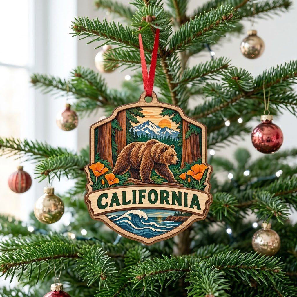 Shield-shaped wood ornament reading CALIFORNIA with bear on log, poppies, redwoods, mountains, and ocean waves.
