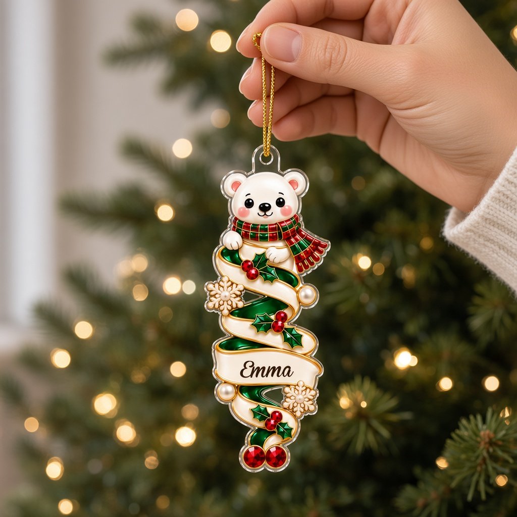 Custom-cut acrylic ornaments with a cartoon nutcracker and a praying angel wrapped in decorative ribbons.