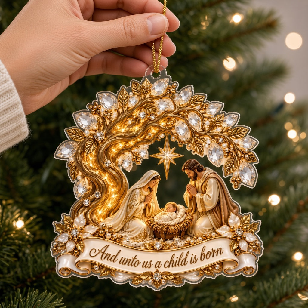 Acrylic ornament with Mary, Joseph and Baby Jesus under a radiant star, golden tree accents and a red ribbon.