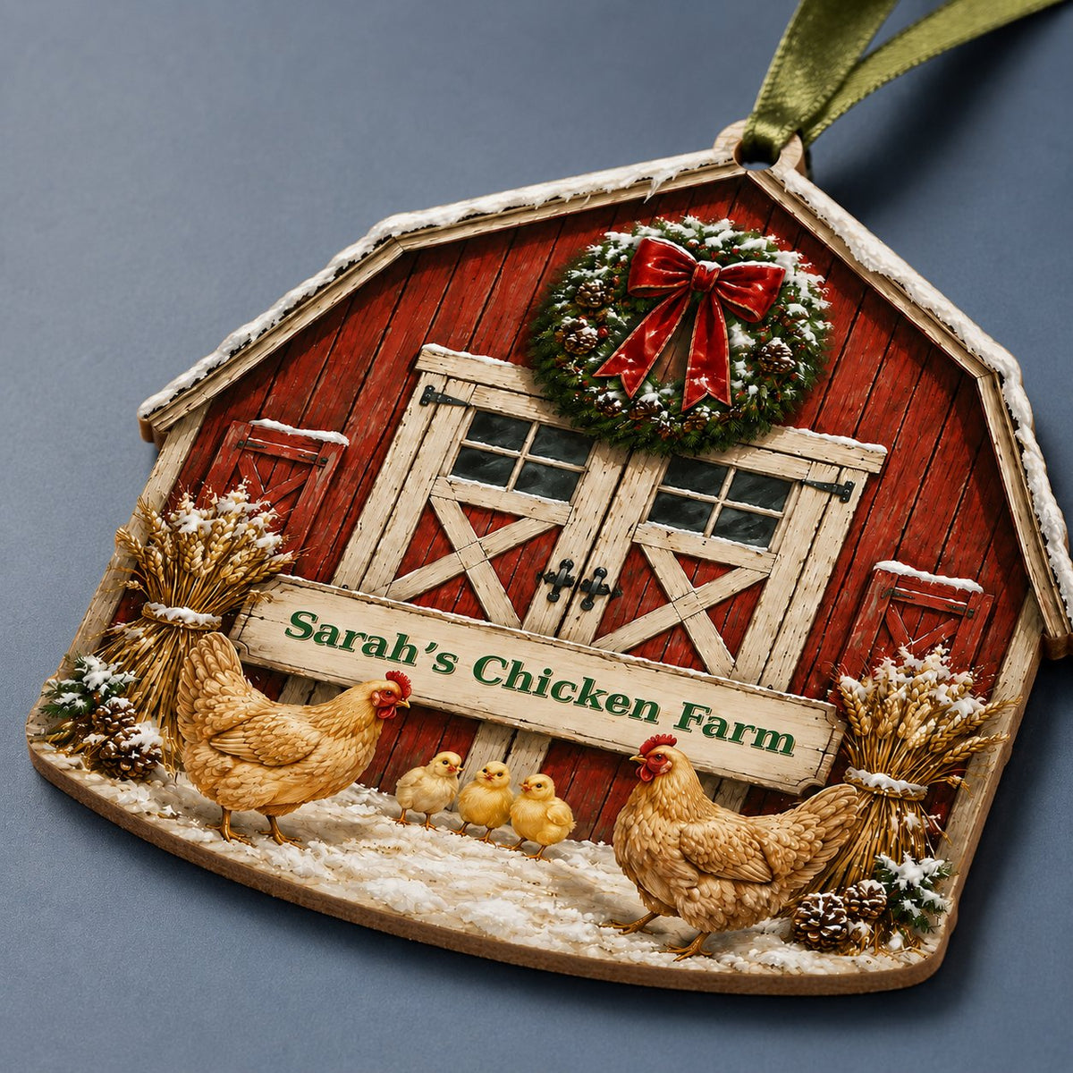 Personalized Red Barn Chicken Coop Wood Ornament, Custom Farmhouse Keepsake