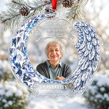 Acrylic ornament with blue crystal-look crescent moon, angel wing, circular photo frame and memorial quote.