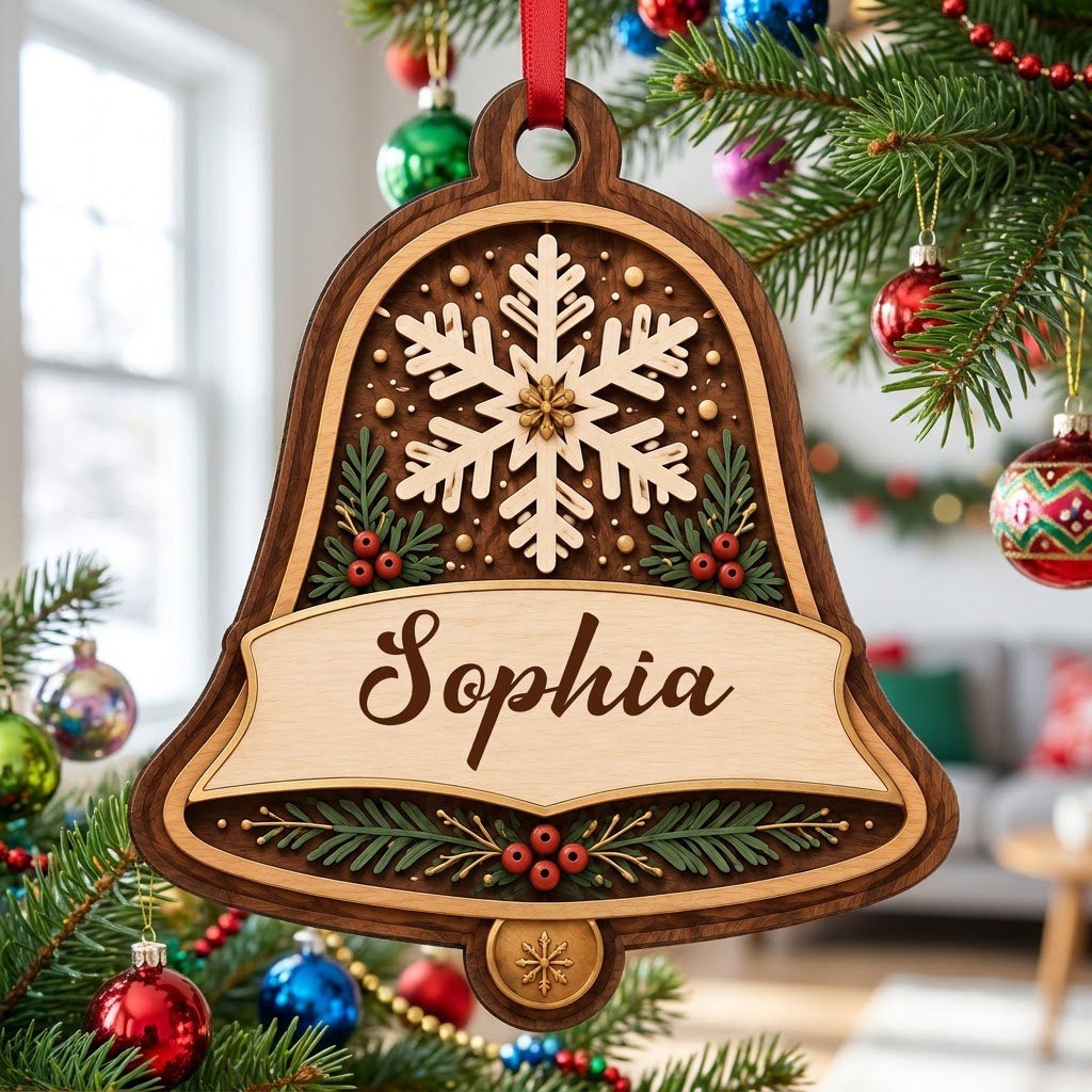 Personalized wooden bell ornament with snowflake, pine sprigs, red berries, and a name on the center banner.