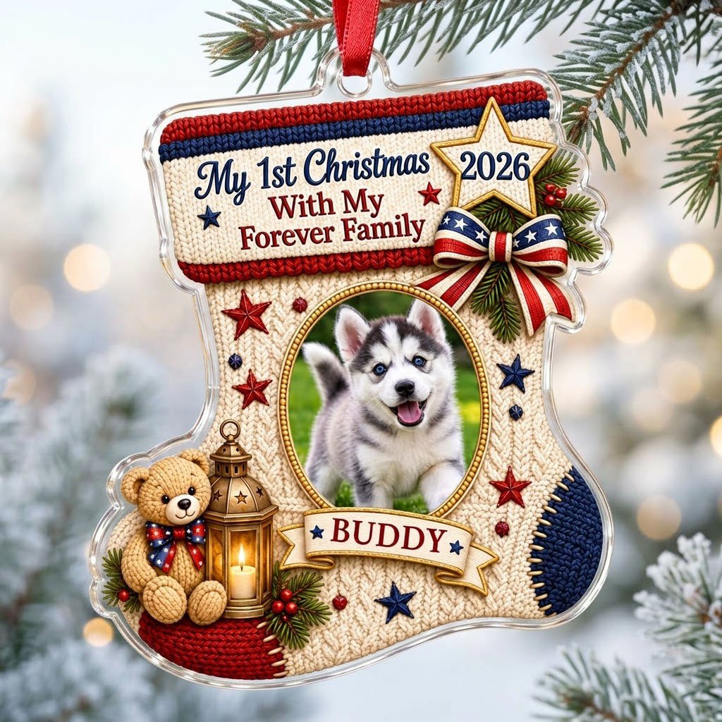 Stocking-shaped acrylic ornament with faux-knit design, pet photo oval, teddy bear, lantern and patriotic bow.