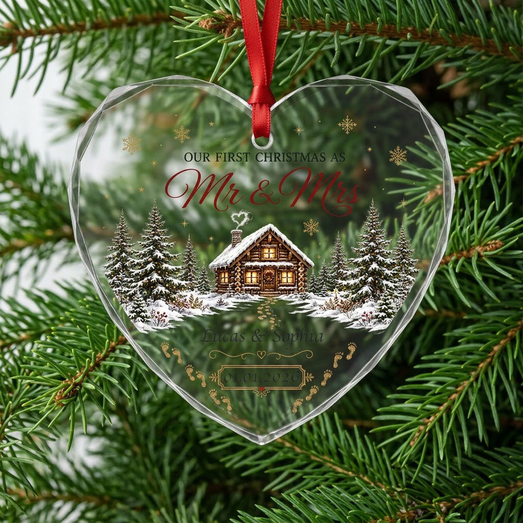 Personalized Our First Christmas as Mr & Mrs Winter Cabin Footprints Heart Glass Ornament