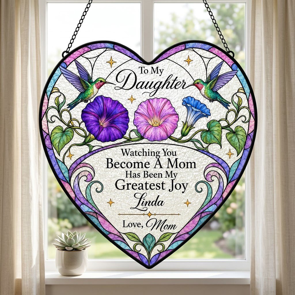 Heart-shaped stained-glass suncatcher with two hummingbirds, morning glory flowers, and 'To My Daughter' text.