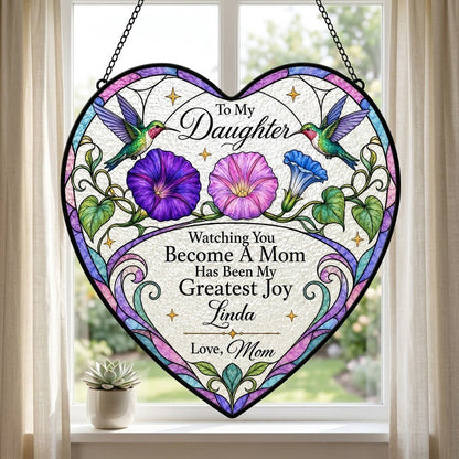 Heart-shaped stained-glass suncatcher with two hummingbirds, morning glory flowers, and 'To My Daughter' text.