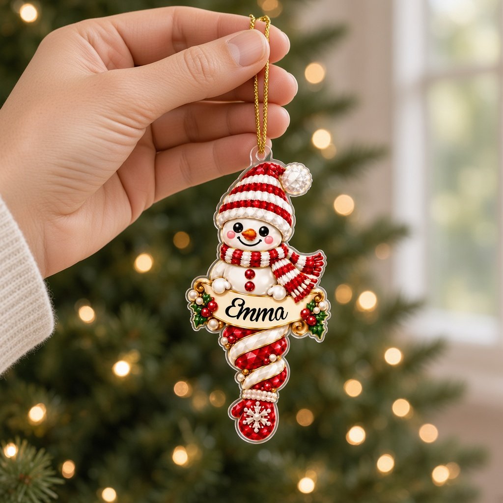 Custom-cut acrylic snowman ornaments with red scarves and scroll banners personalized with a child's name.