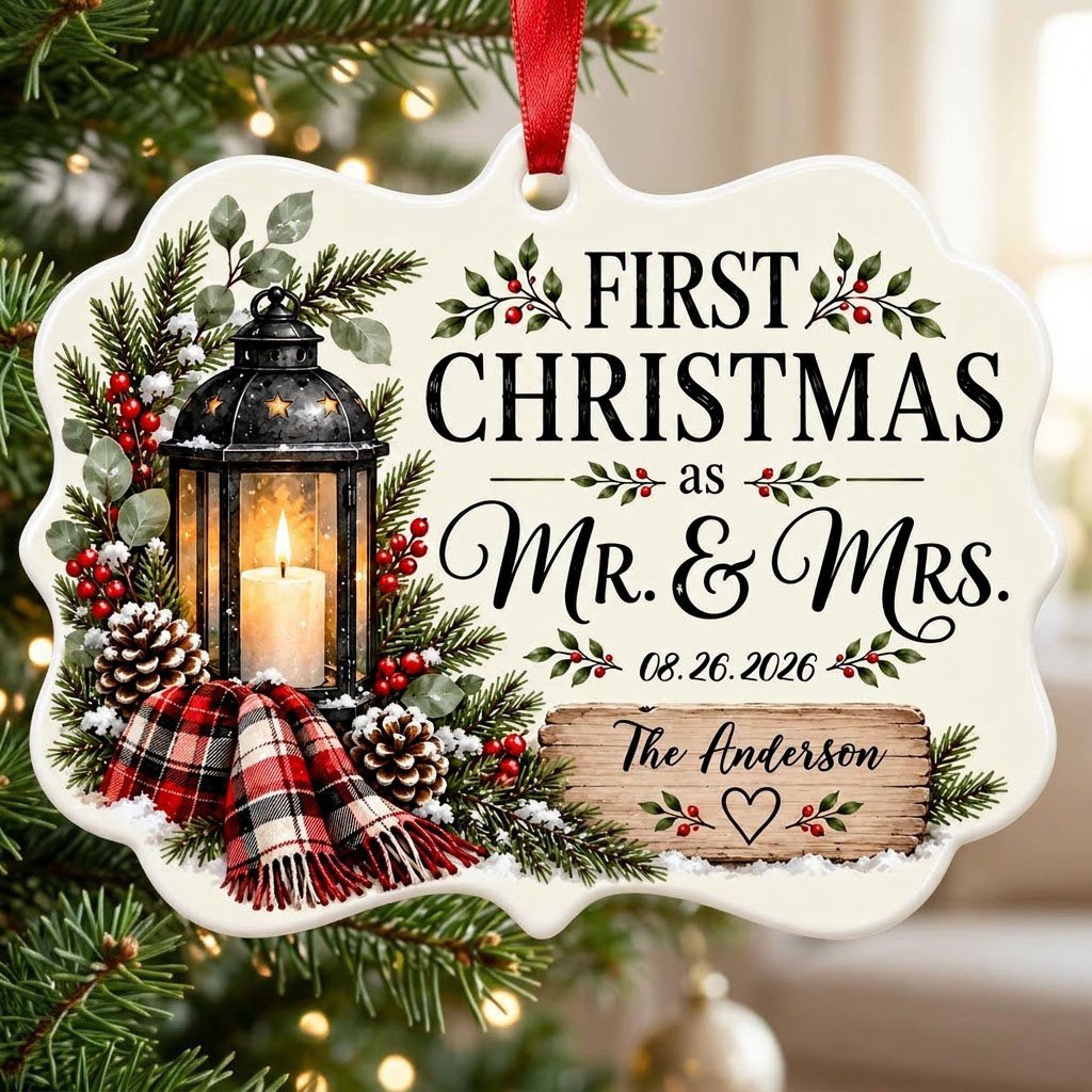 Medallion ceramic ornament with black lantern, pine, red berries, plaid scarf, and 'FIRST CHRISTMAS as MR. & MRS.' text.