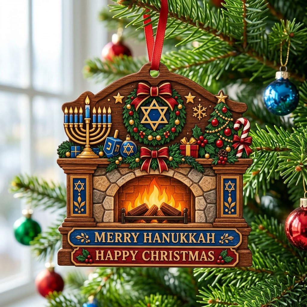 Wood ornament shaped like a fireplace mantel with a menorah, dreidel, wreath, and the words MERRY HANUKKAH and HAPPY CHR