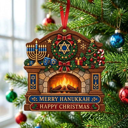 Wood ornament shaped like a fireplace mantel with a menorah, dreidel, wreath, and the words MERRY HANUKKAH and HAPPY CHR