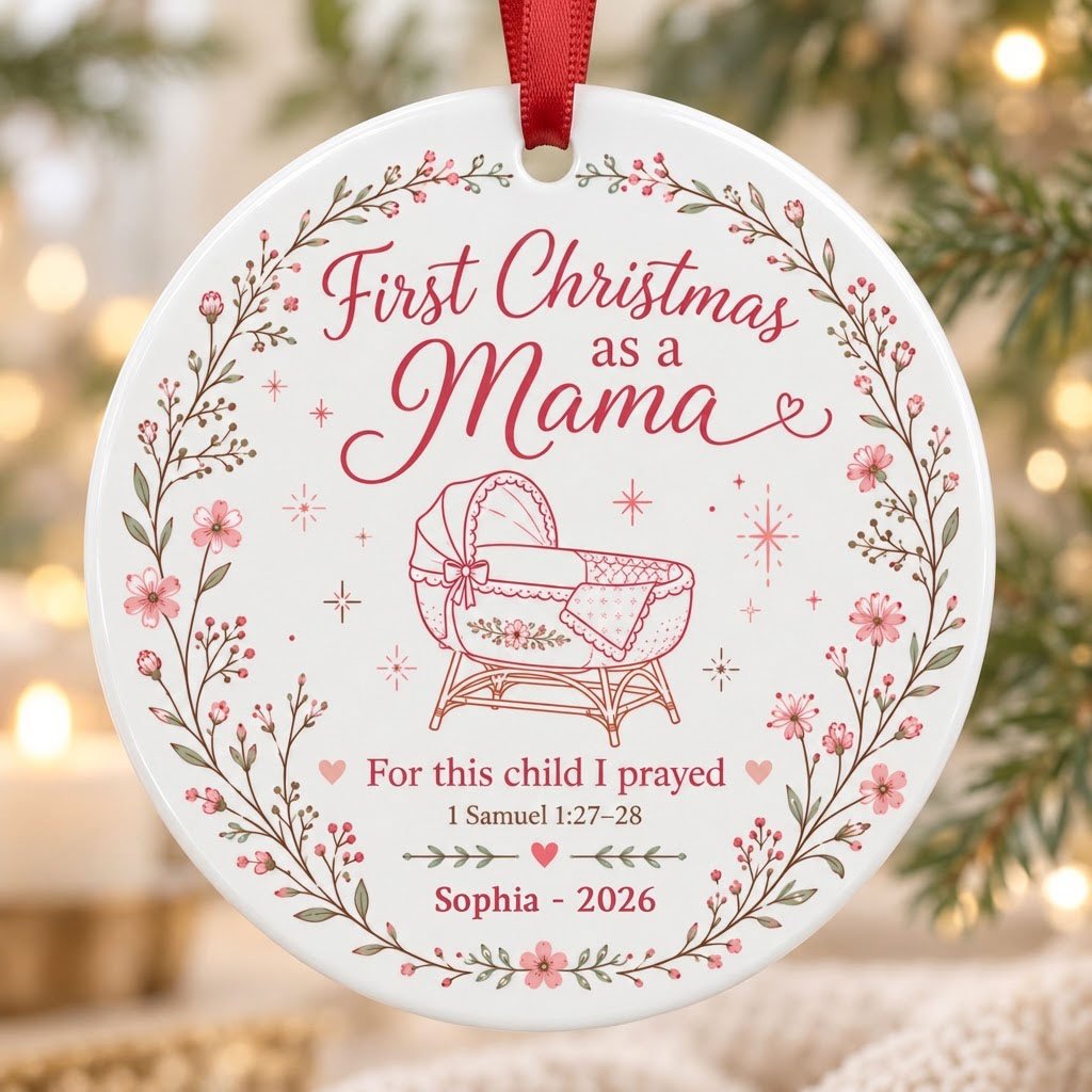 Round ceramic ornament with pink floral wreath, baby bassinet line art, stars, and First Christmas as a Mama.