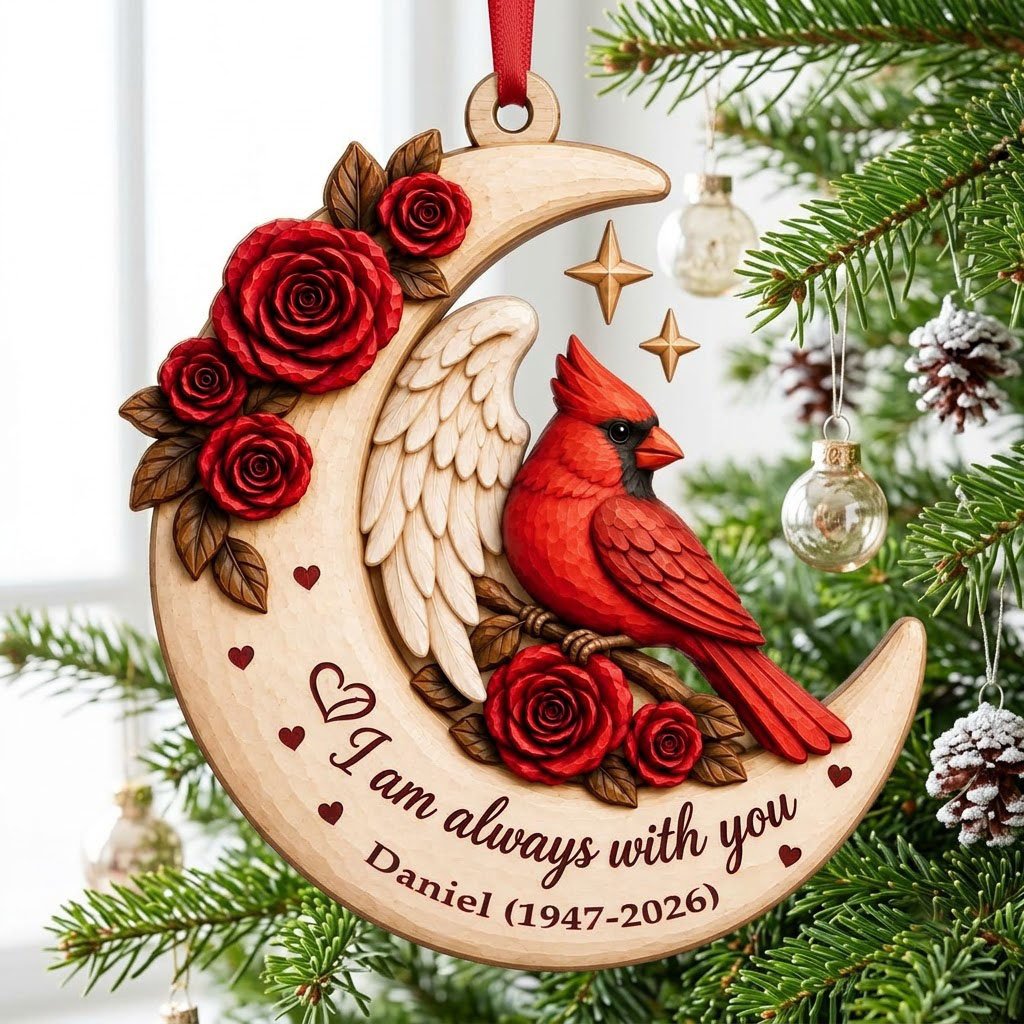 Crescent moon wood ornament with red cardinal, angel wing, red roses, stars, hearts, and custom name and years.