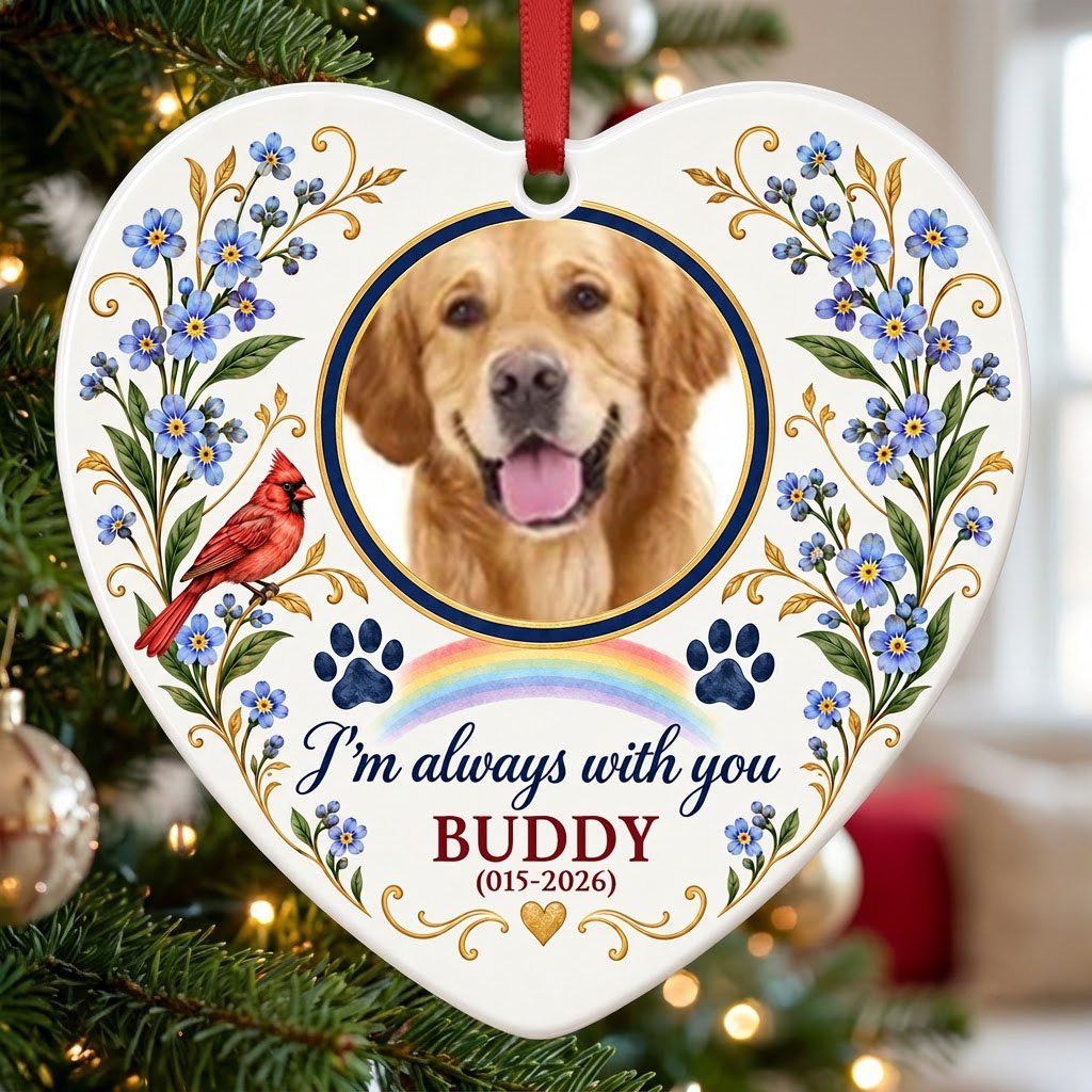 Heart ceramic ornament with a dog photo, red cardinal, blue forget-me-nots, rainbow, paw prints, and a gold heart accent