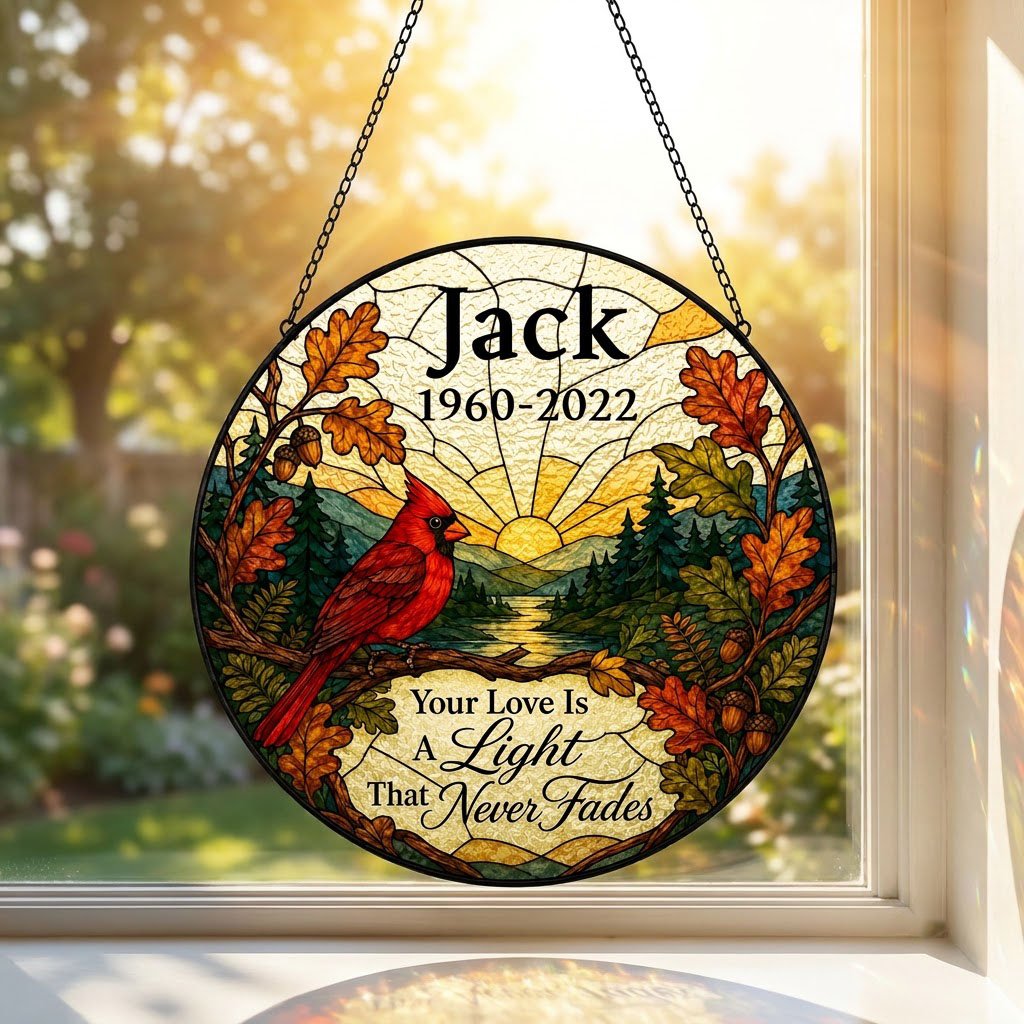 Round stained-glass style suncatcher with a red cardinal, oak leaves, mountains, a river and a radiant sun.