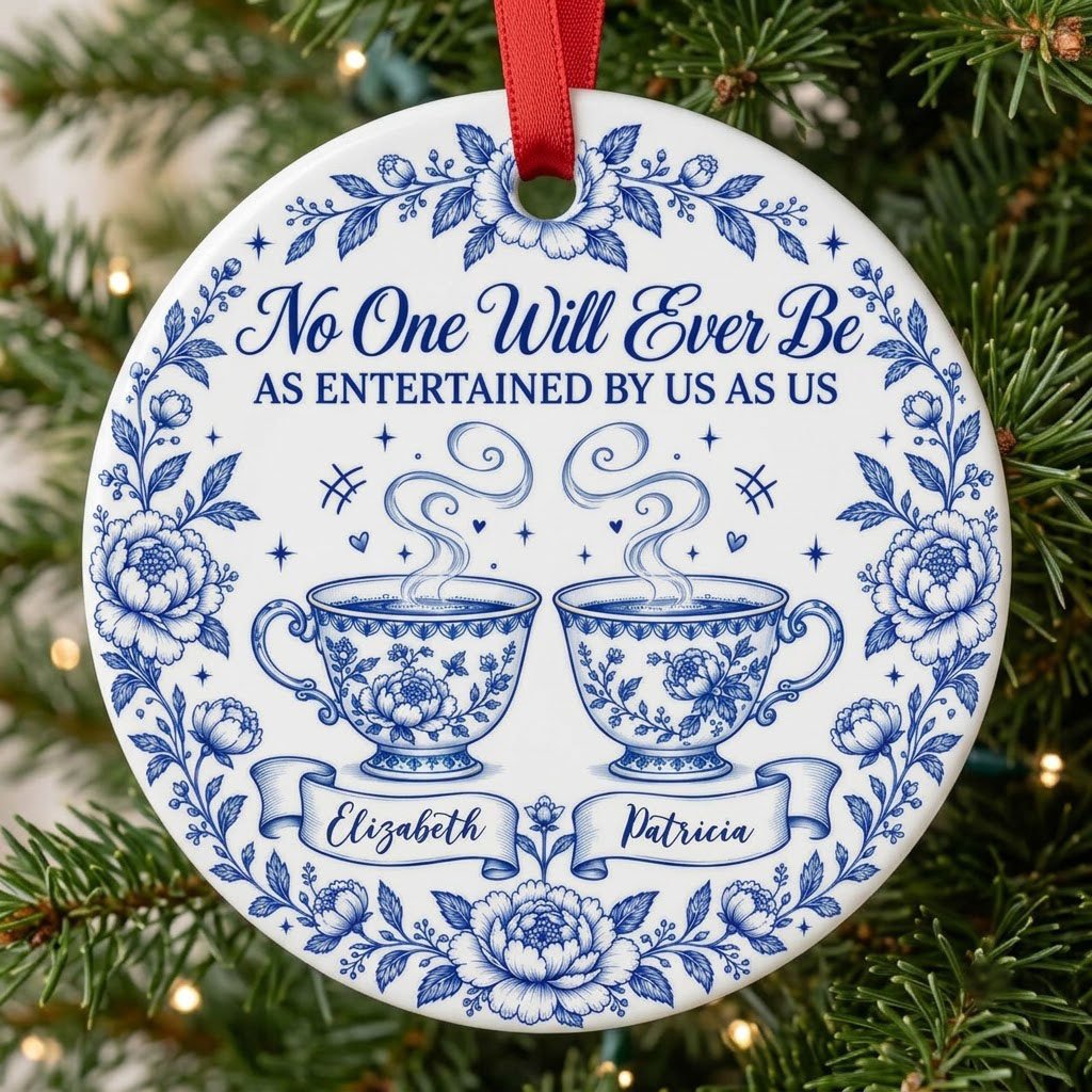 Round white ceramic ornament with blue floral border and two teacups, personalized with two names