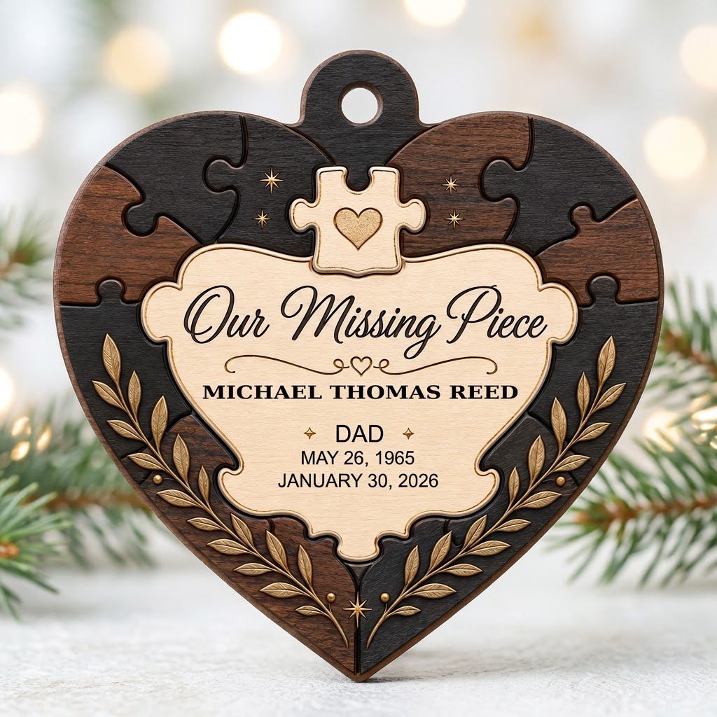 Heart wood ornament with puzzle-piece frame, Our Missing Piece title, laurel accents, personalized with name and dates.