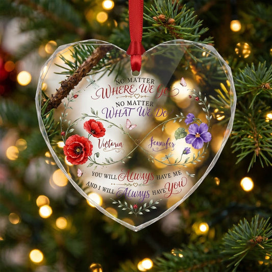 Heart glass ornament with an infinity vine, poppies, purple flowers, butterflies, dragonflies, and two personalized name