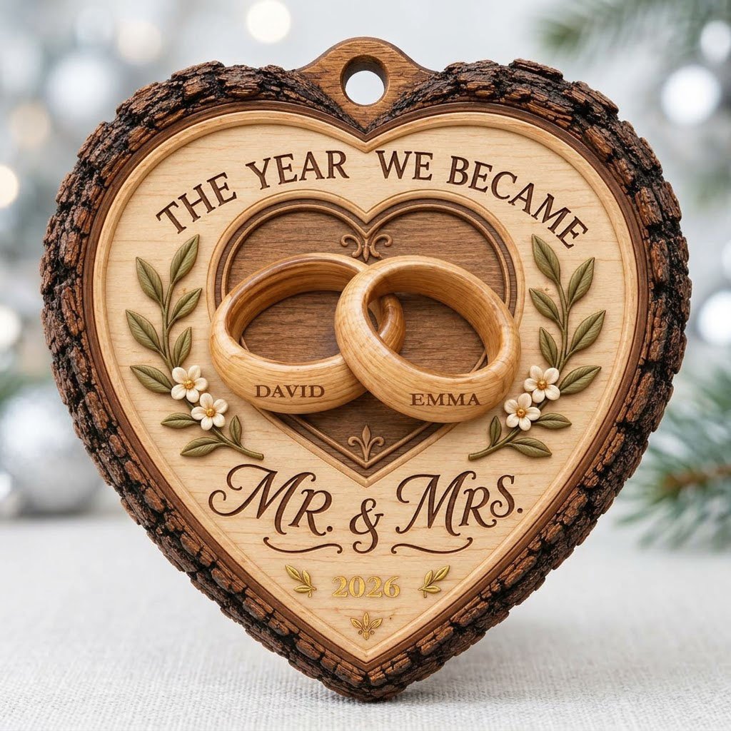 Heart-shaped wood ornament with bark edge, wedding rings, leafy vines, and 'THE YEAR WE BECAME MR. & MRS.' text.