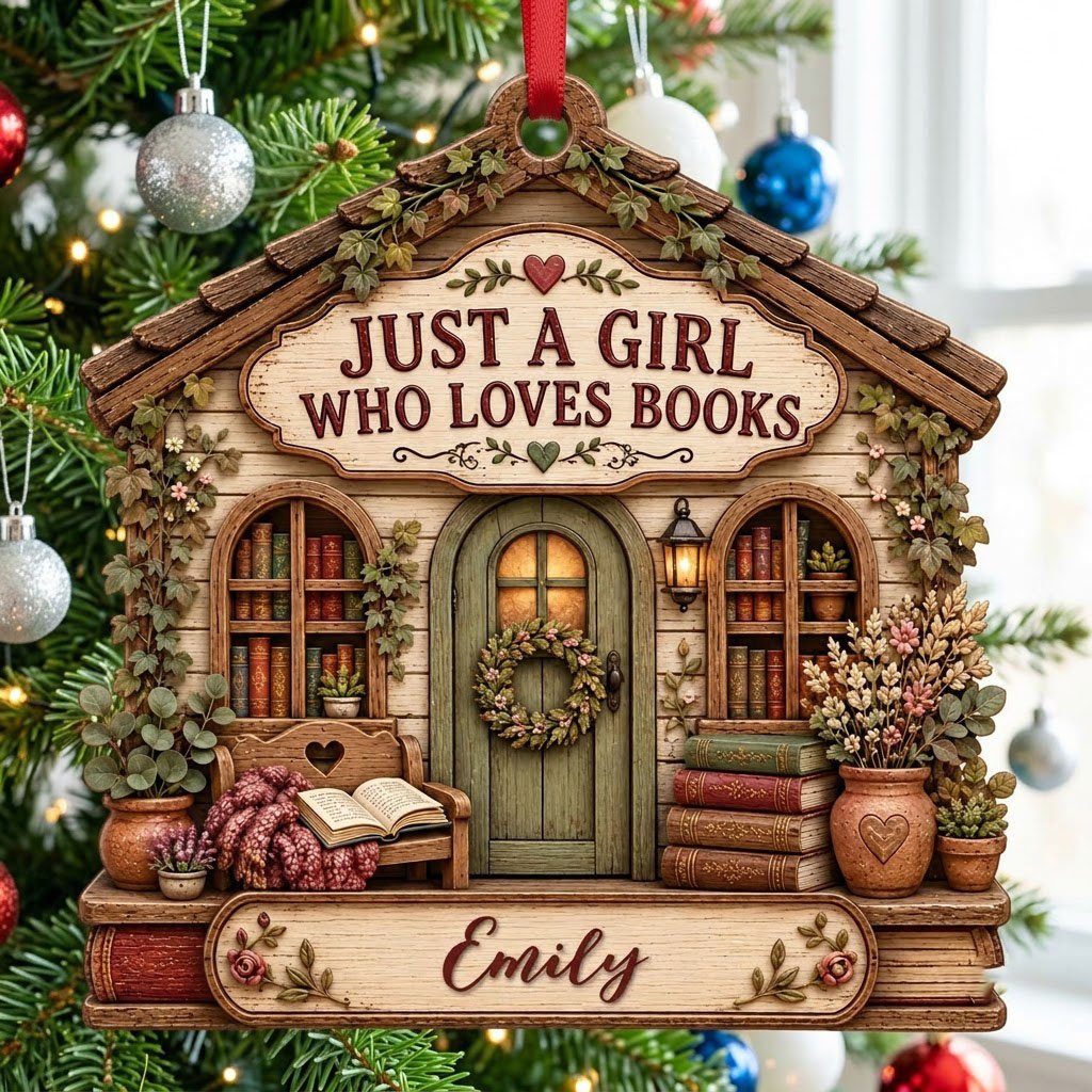 House-shaped wood ornament with 'JUST A GIRL WHO LOVES BOOKS', bookshelves, green door with wreath, and the name Emily.