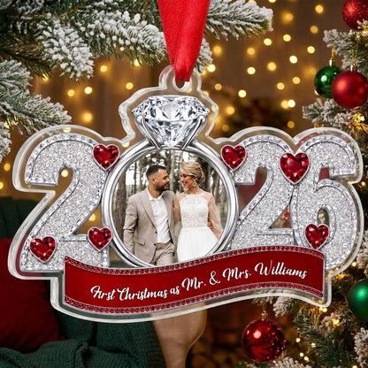 Acrylic ornament shaped like 2025 with a diamond-topped ring photo frame, red heart jewels and a red name banner
