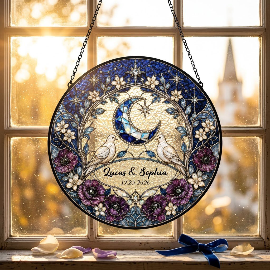 Personalized Celestial Doves & Crescent Moon Purple Floral Stained Glass Round Suncatcher