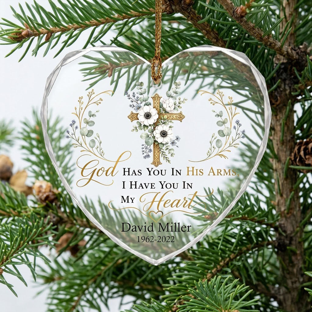 Personalized Botanical Gold Cross Memorial God Has You In His Arms Heart Glass Ornament