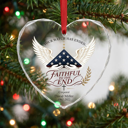 Personalized Police Memorial Your Watch Has Ended Folded Flag Angel Wings Heart Glass Ornament