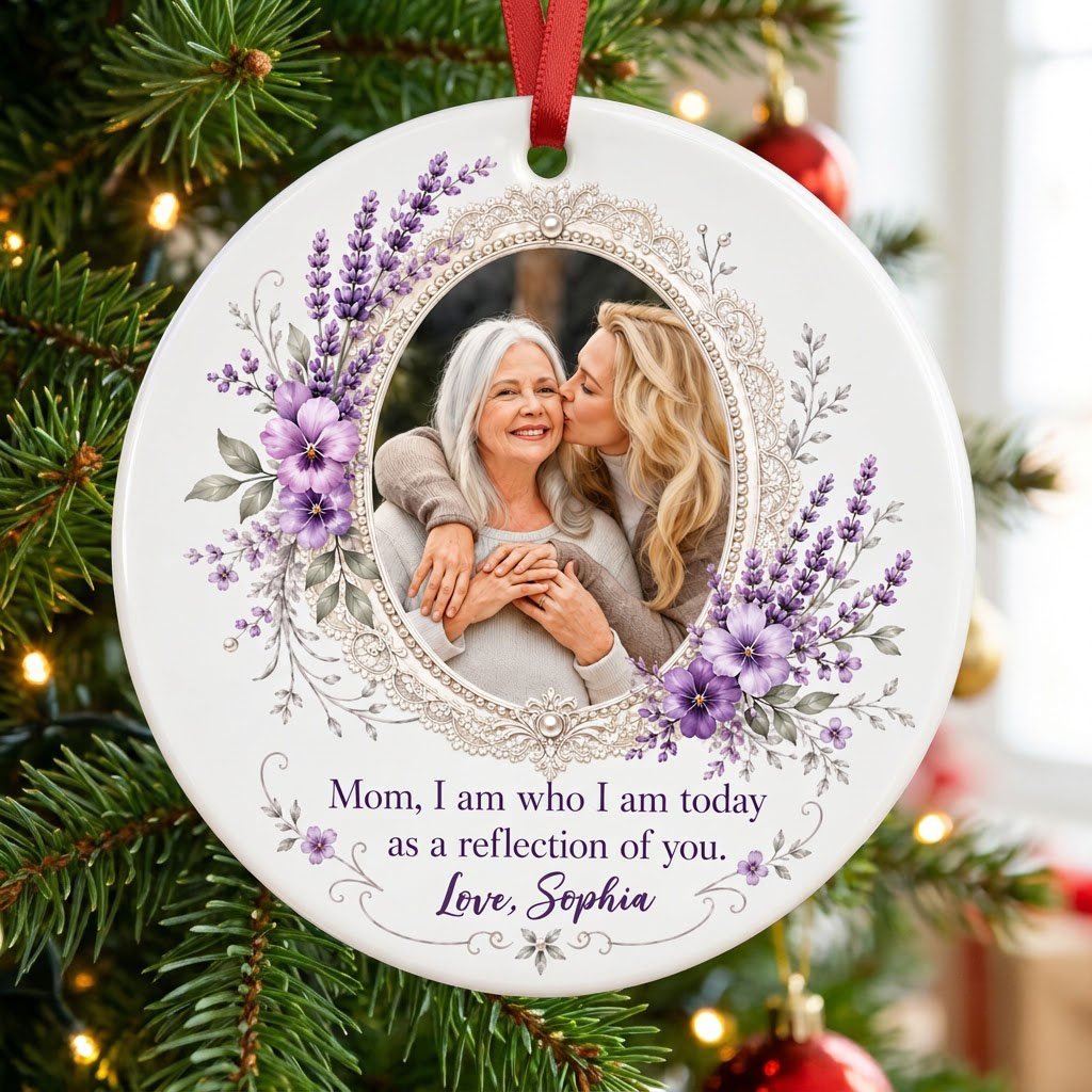 Round ceramic ornament with oval lace frame, pearls, purple pansies and lavender surrounding a photo and mom quote.