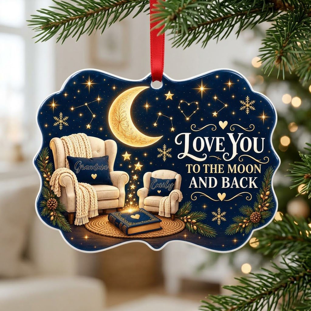 Medallion ceramic ornament with golden moon, stars, two chairs, and 'LOVE YOU TO THE MOON AND BACK' text.