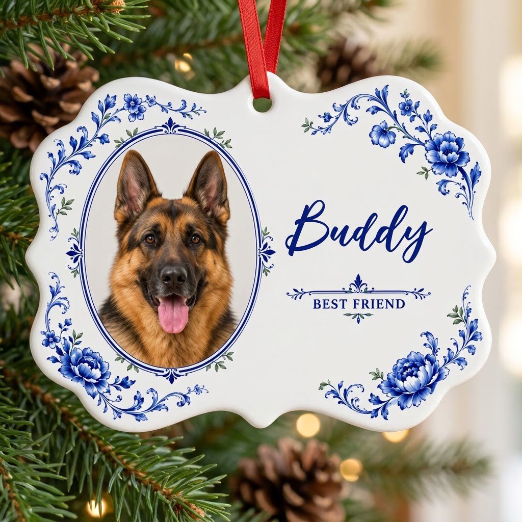 Ornate scalloped ceramic medallion ornament with blue Delft floral frame, custom dog photo, and 'BEST FRIEND' text
