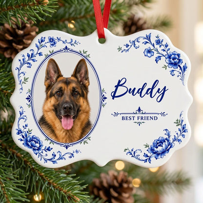 Ornate scalloped ceramic medallion ornament with blue Delft floral frame, custom dog photo, and 'BEST FRIEND' text