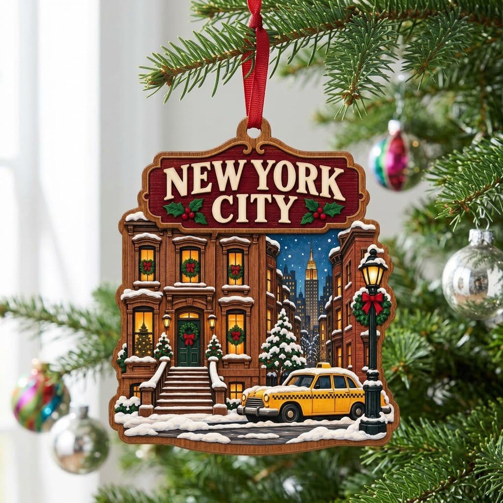 Custom-cut wood ornament with New York City brownstone, yellow taxi, street lamp, and snowy skyline with the Empire Stat