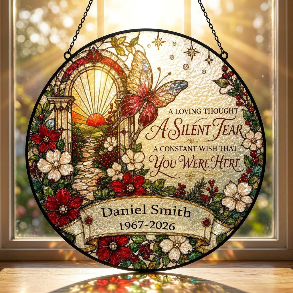 Personalized Butterfly Sunrise Pathway A Silent Tear Memorial Stained Glass Round Suncatcher