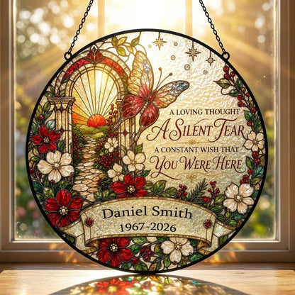 Personalized Butterfly Sunrise Pathway A Silent Tear Memorial Stained Glass Round Suncatcher