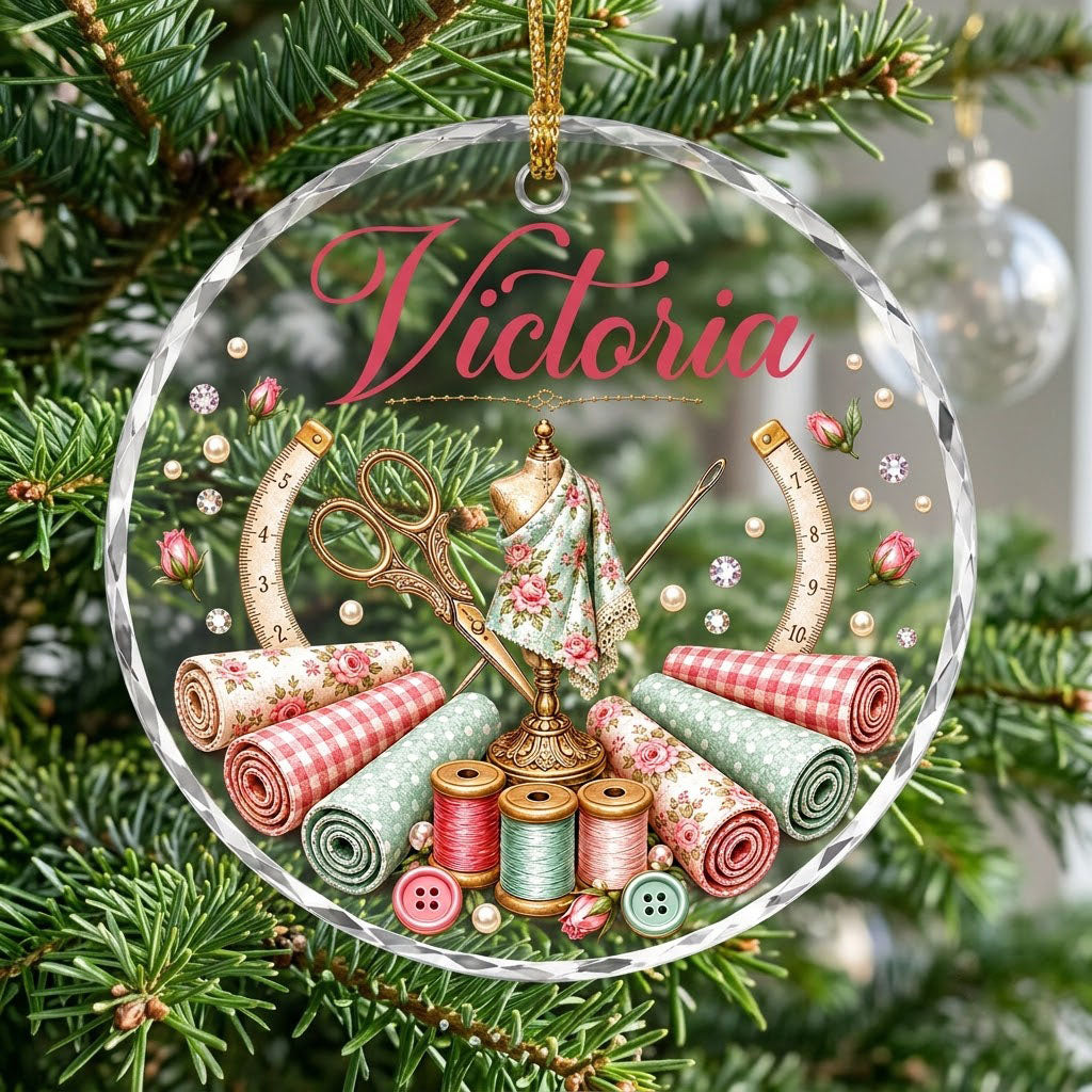 Round faceted glass ornament with a vintage dress form, sewing notions, and personalized name Victoria in pink and gold 