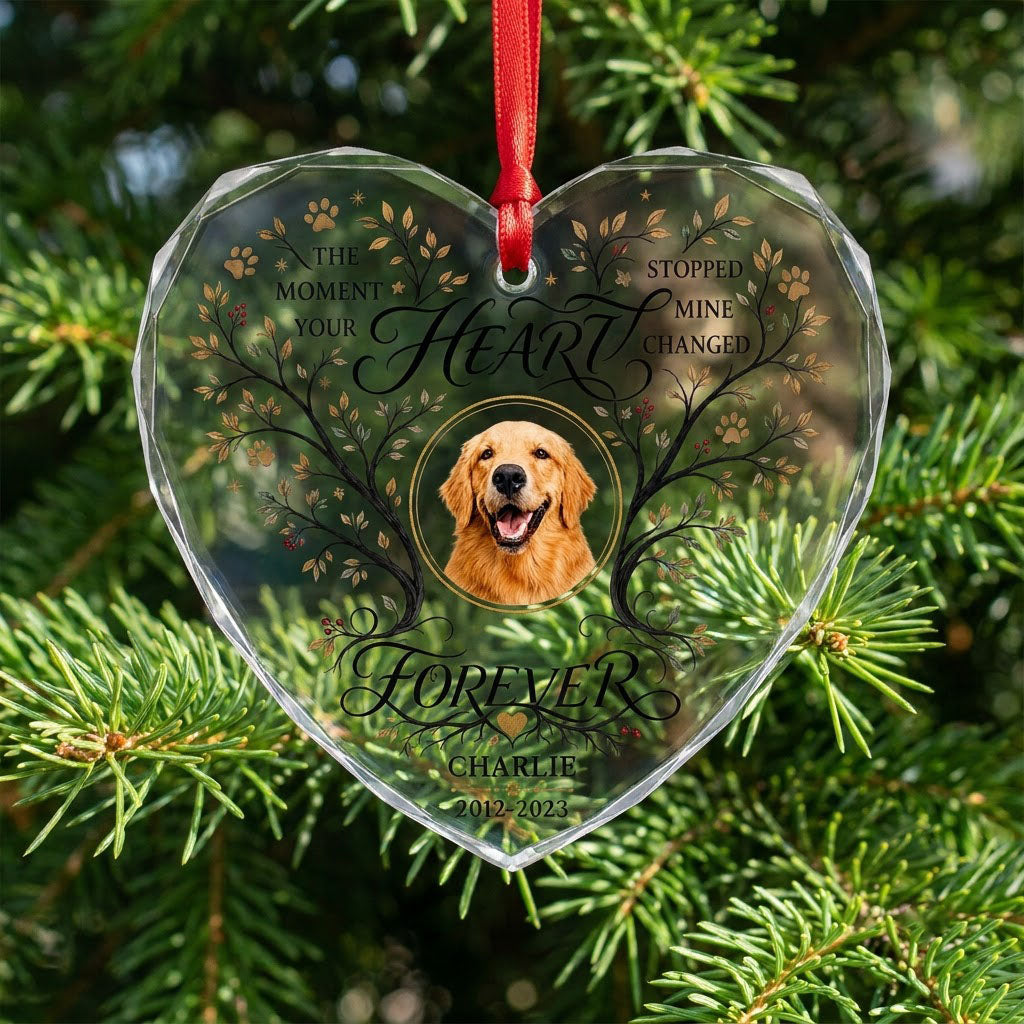 Personalized Dog Memorial Photo The Moment Your Heart Stopped Heart Glass Ornament