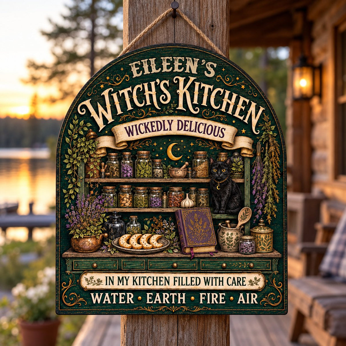 Arch wooden sign with black cat, apothecary jars, lavender, crescent moon and stars, and the text WITCH'S KITCHEN.