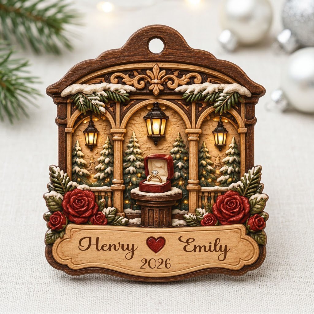 Arched wood ornament with three lanterns, pine trees, red roses, and an open ring box on a central pedestal.