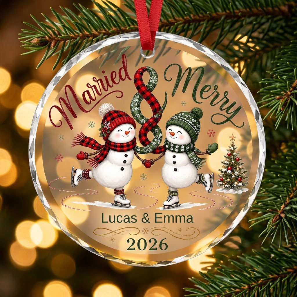 Round glass ornament with two ice-skating snowmen, a scarf ampersand above, and a small Christmas tree with star.