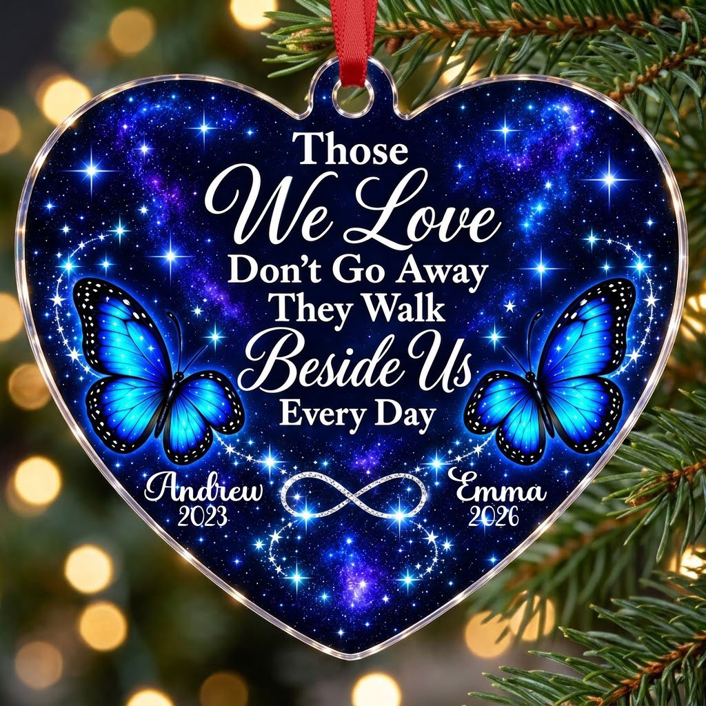 Heart acrylic ornament with blue butterflies, starry galaxy background, and the memorial quote with name and year.