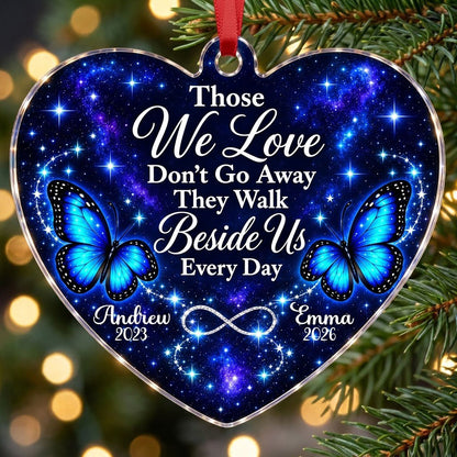 Heart acrylic ornament with blue butterflies, starry galaxy background, and the memorial quote with name and year.