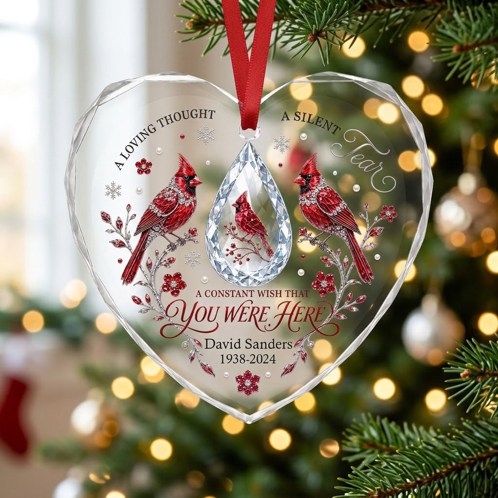 Personalized Red Cardinals Crystal Teardrop Memorial Heart Glass Ornament