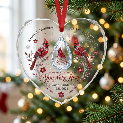 Personalized Red Cardinals Crystal Teardrop Memorial Heart Glass Ornament