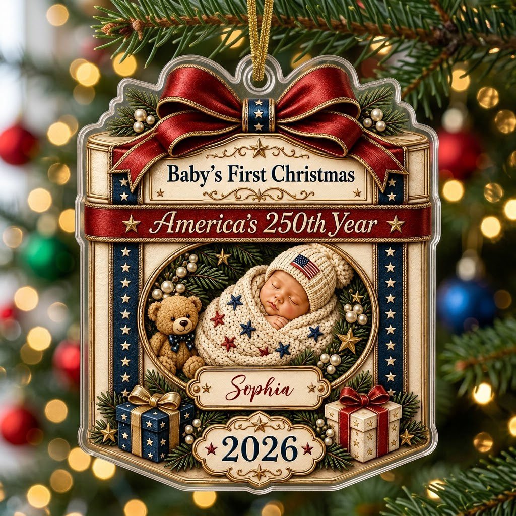 Personalized America 250th Baby's First Christmas Gift Box Acrylic Ornament, Custom Patriotic Keepsake