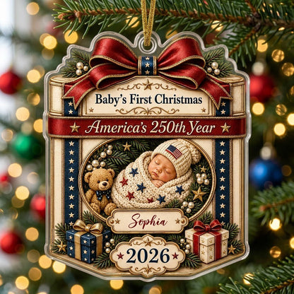 Personalized America 250th Baby's First Christmas Gift Box Acrylic Ornament, Custom Patriotic Keepsake