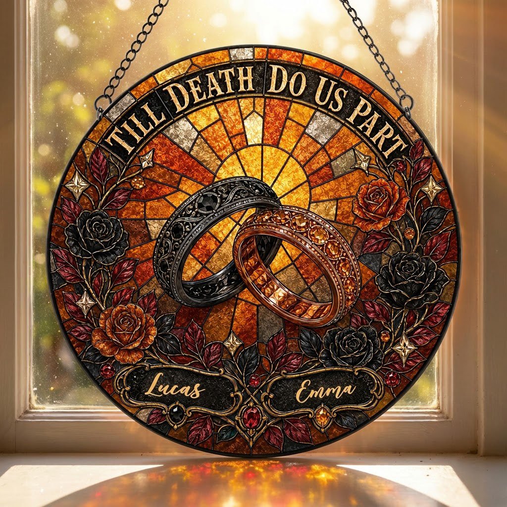 Personalized Gothic Wedding Rings Till Death Do Us Part Stained Glass Round Suncatcher