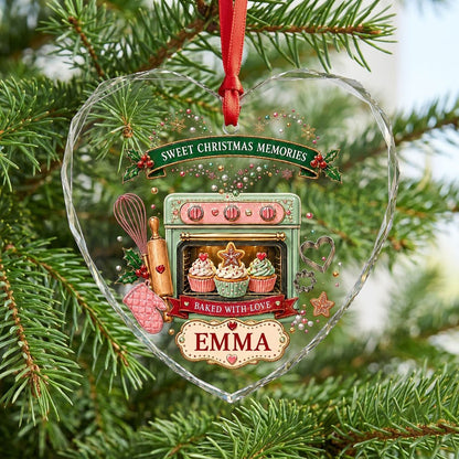 Heart suncatcher with mint-green oven, cupcakes, baking tools, holly, and Sweet Christmas Memories text