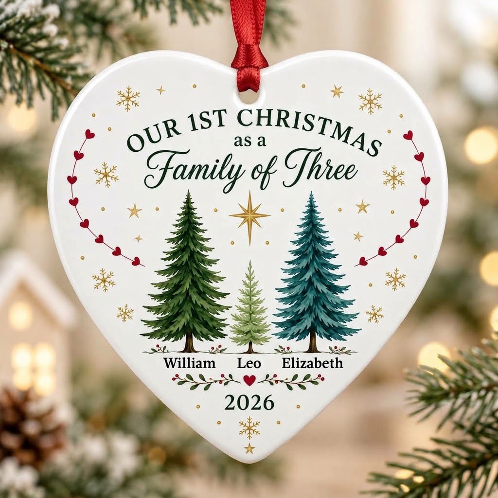 Heart ceramic ornament with three watercolor pine trees, a gold star, red heart garlands, and names with year.