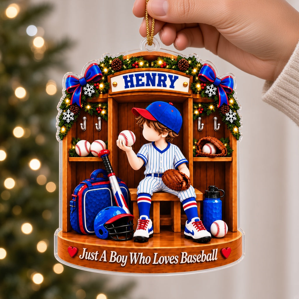 Acrylic ornament showing a boy in a blue pinstriped baseball uniform inside a garland-decorated wooden locker.